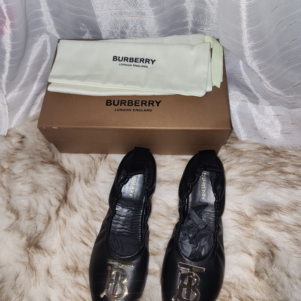 Burberry Black Leather Flats with Gold Logo